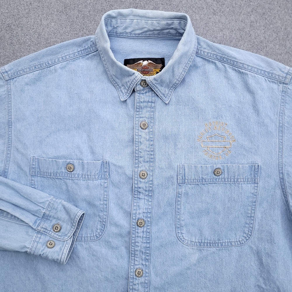 Harley Davidson Shirt Men L Blue Denim Embroidered Vintage Fairfax Button Up